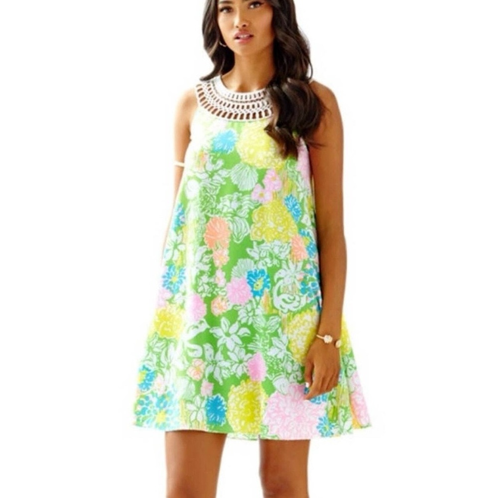 Lilly Pulitzer Green Floral Crochet-Neck Midi Dress